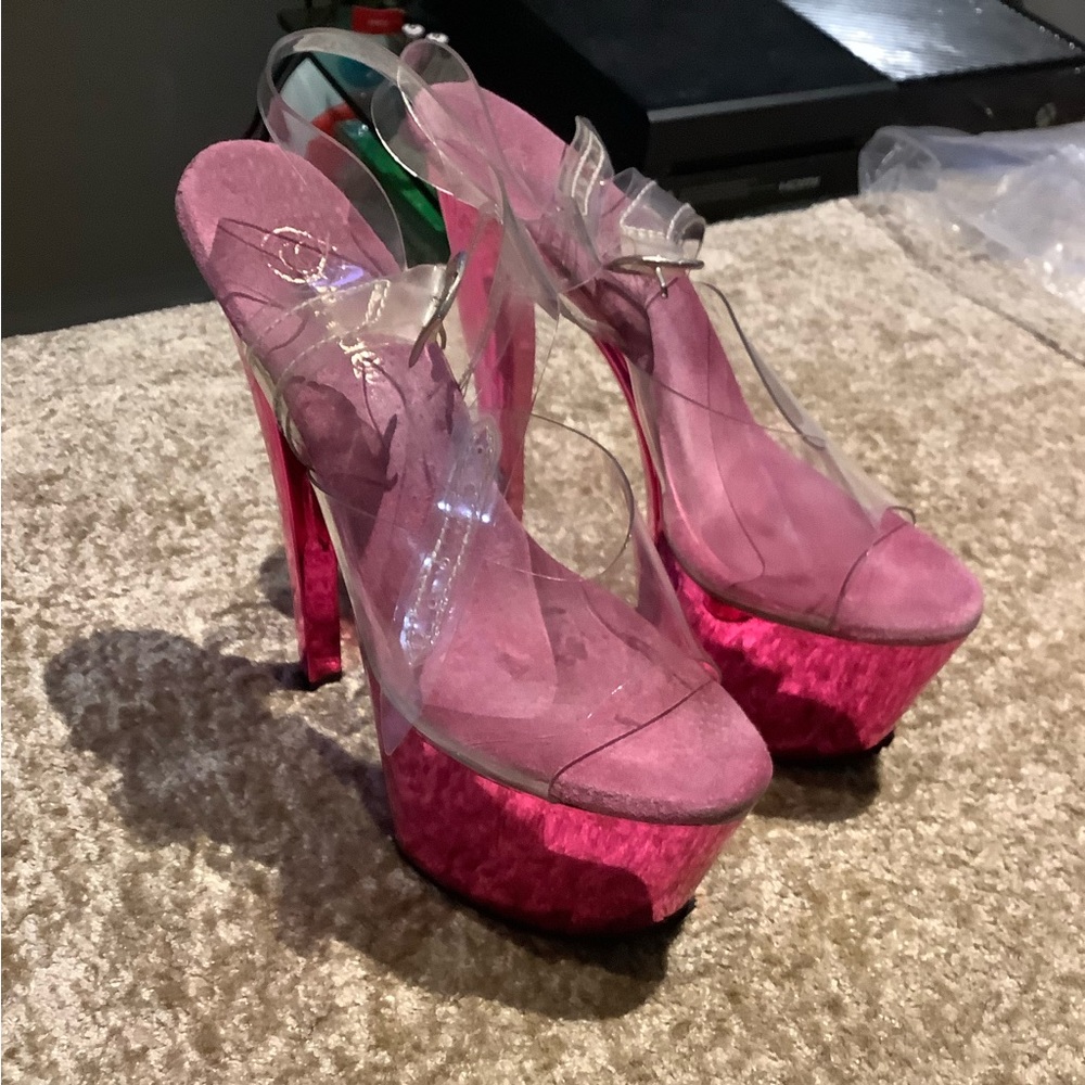 Pleaser size 7 pink heels with clear straps